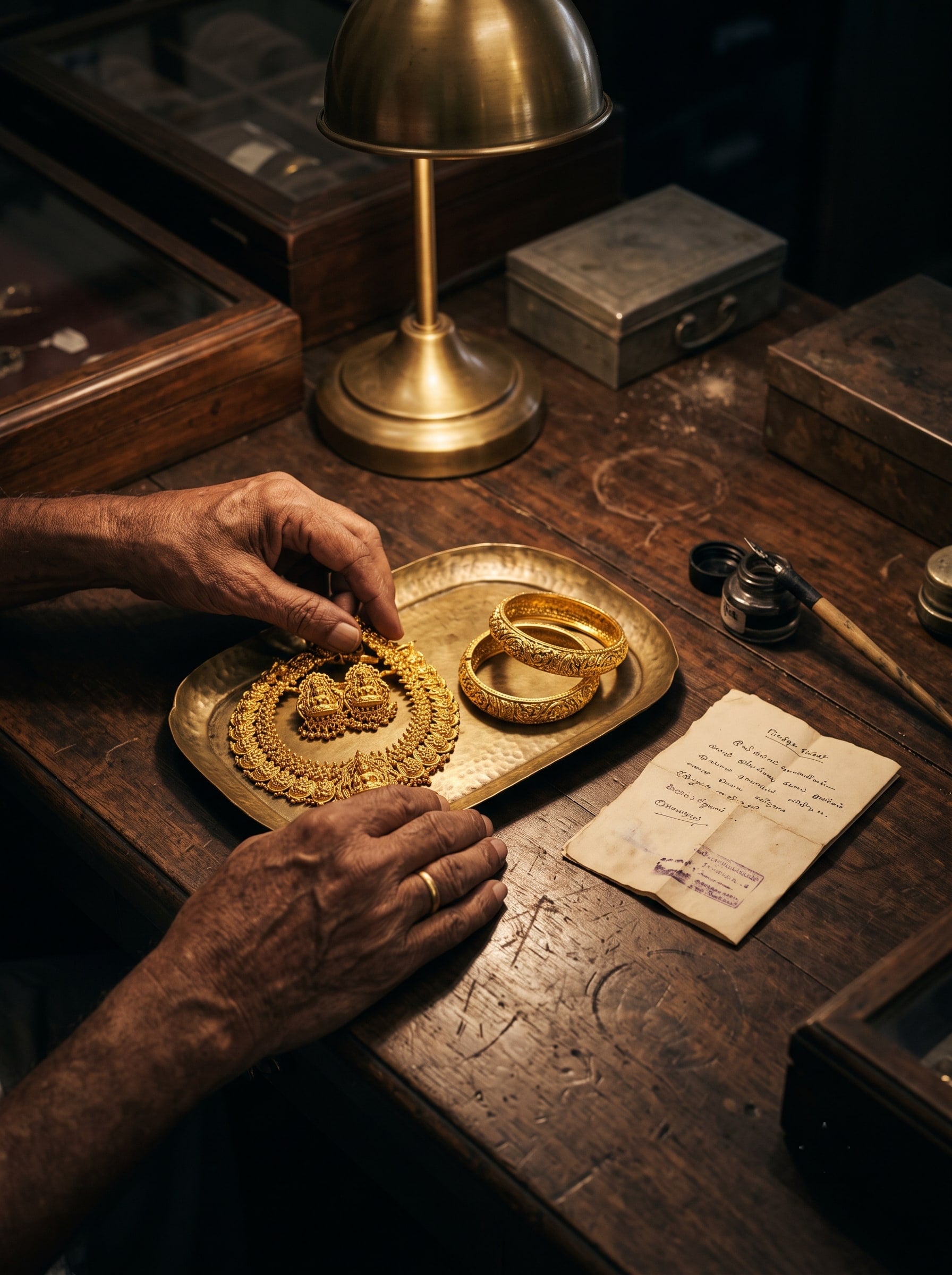 Hands laying gold jewellery on a brass tray beside a handwritten pledge ticket