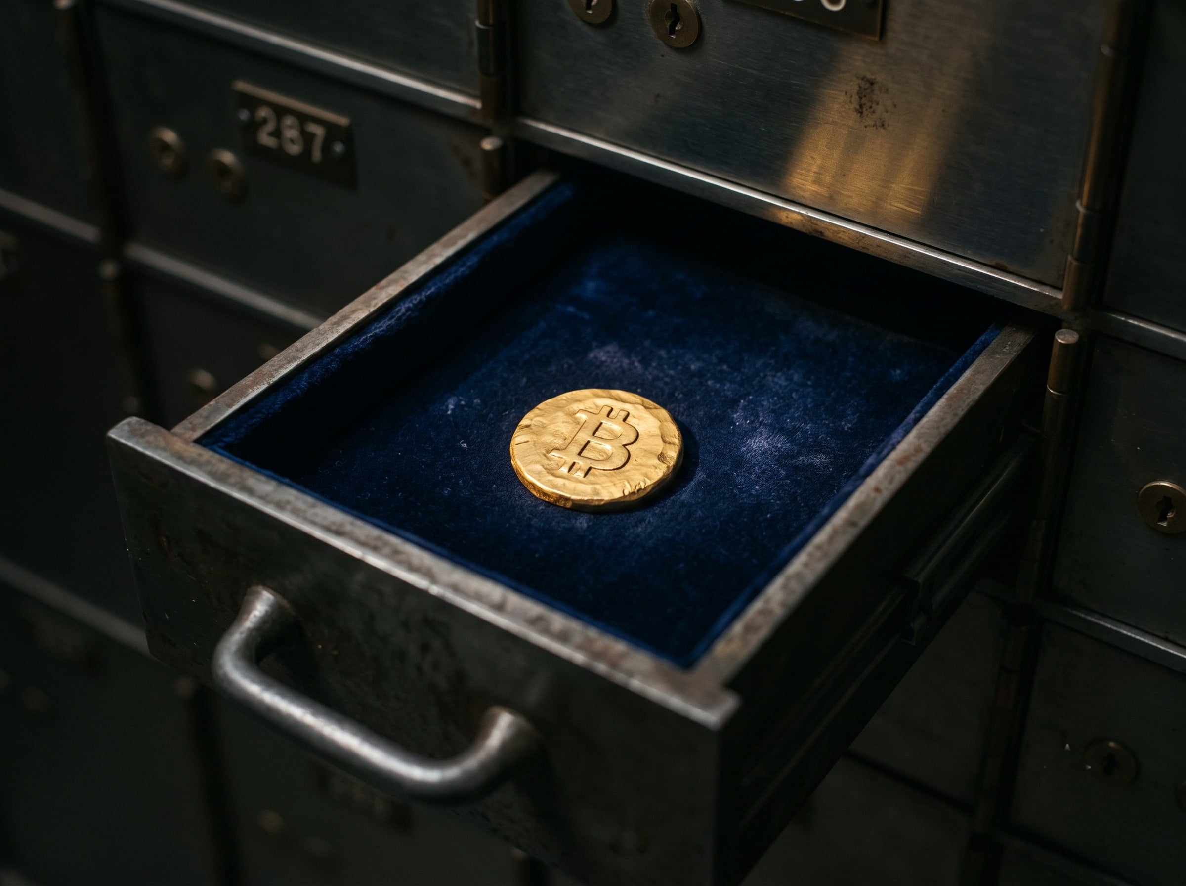 An open safe deposit drawer lined with blue velvet